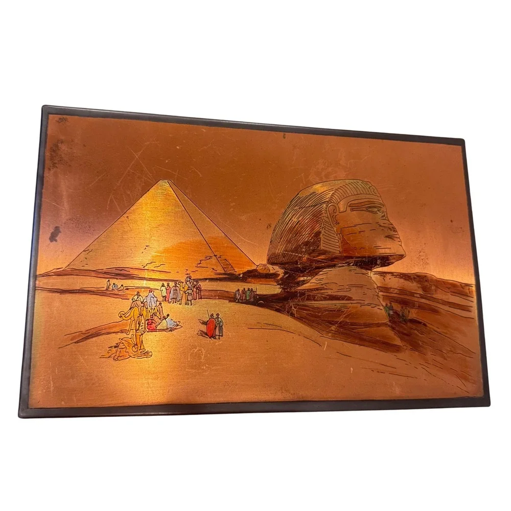 Vintage Egyptian Pyramid Sphinx Copper Color Art Etched Metal scratched Patinaed